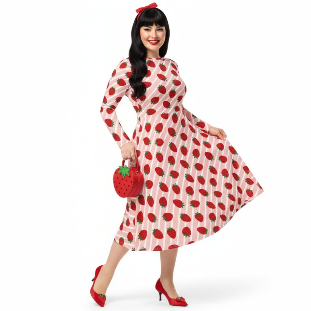 Strawberry 1950s Pinup Swing Dress with Pockets